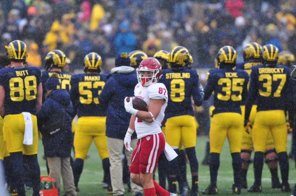 Senior wide receiver Mitchell Paige on the field at Michigan Stadium during pre-game warm ups on Saturday. IU lost 20-10.