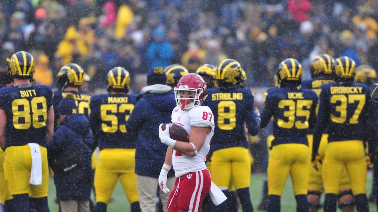 Senior wide receiver Mitchell Paige on the field at Michigan Stadium during pre-game warm ups on Saturday. IU lost 20-10.