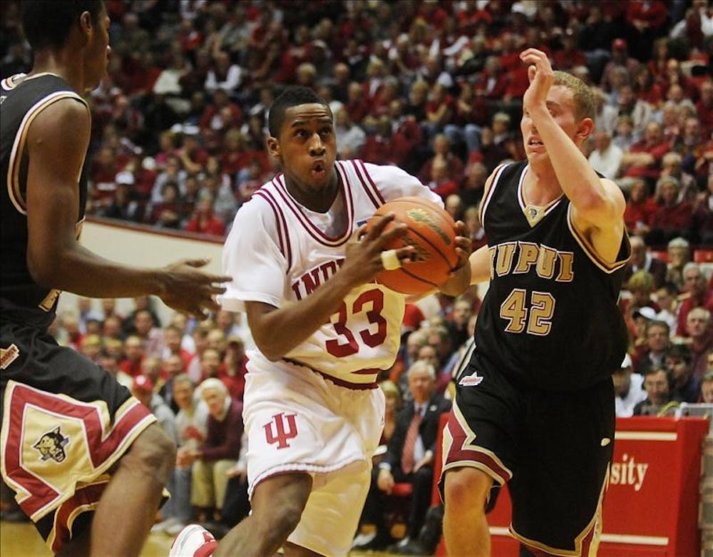 IU guard Devan Dumes navigates the lane during IU's 60-57 win over IU-Purdue University Indianapolis Nov.19, 2008 at Assembly Hall. Dumes had 10 points.