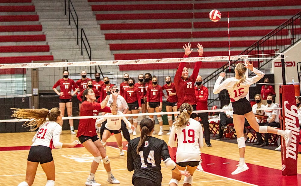 <p>Then-freshman middle blocker Savannah Kjolhede spikes the ball Feb. 12, 2021, in Wilkinson Hall. Indiana volleyball will play  No. 25 Michigan at 7 p.m. Oct. 21 in Ann Arbor, Michigan.</p>