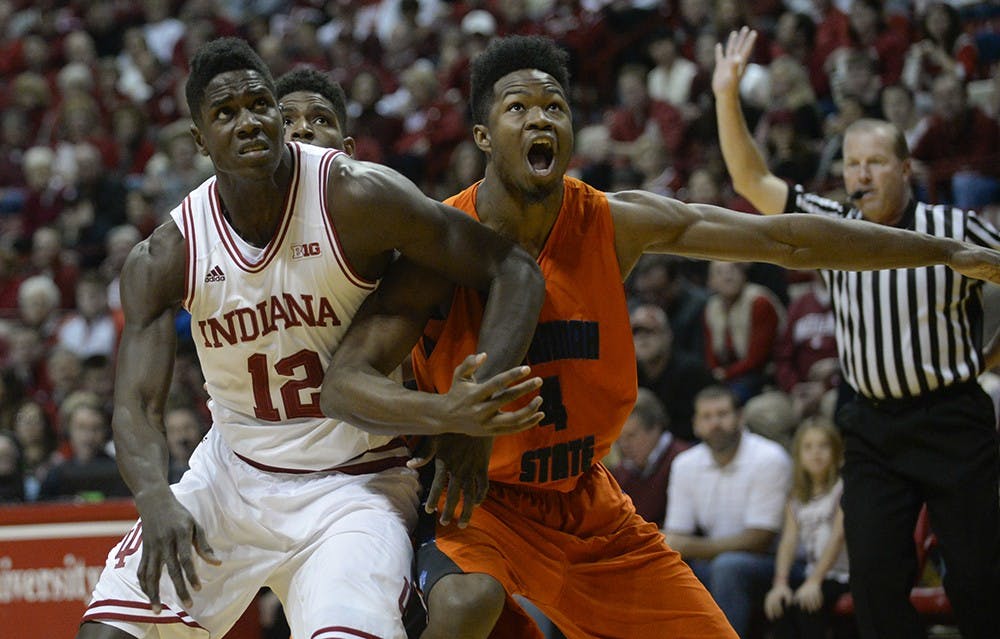 Junior Hanner Mosquera-Perea fights for position to rebound a free throw during IU's game against Savannah State on Saturday at Assembly Hall.