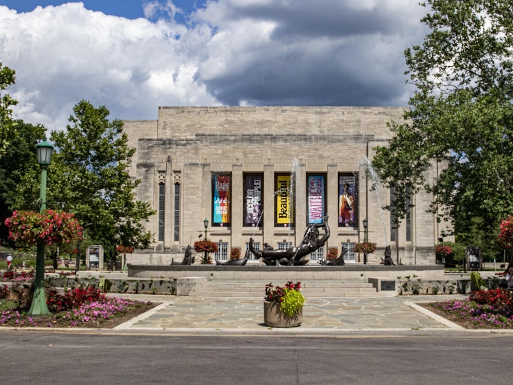 The IU Auditorium is seen July 10, 2022, behind Showalter Fountain. The auditorium will feature a variety of performances during the spring semester of 2023.