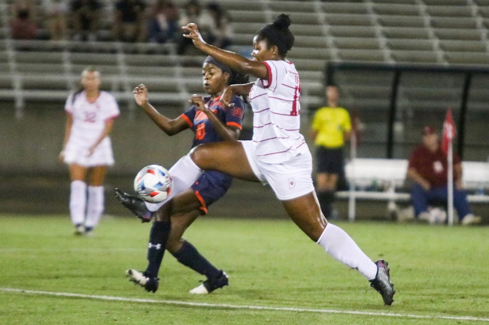 Junior Bria Telemaque kicks the ball Aug. 27, 2021, in Bill Armstrong Stadium. IU lost to the University of Memphis 1-0 Sunday.