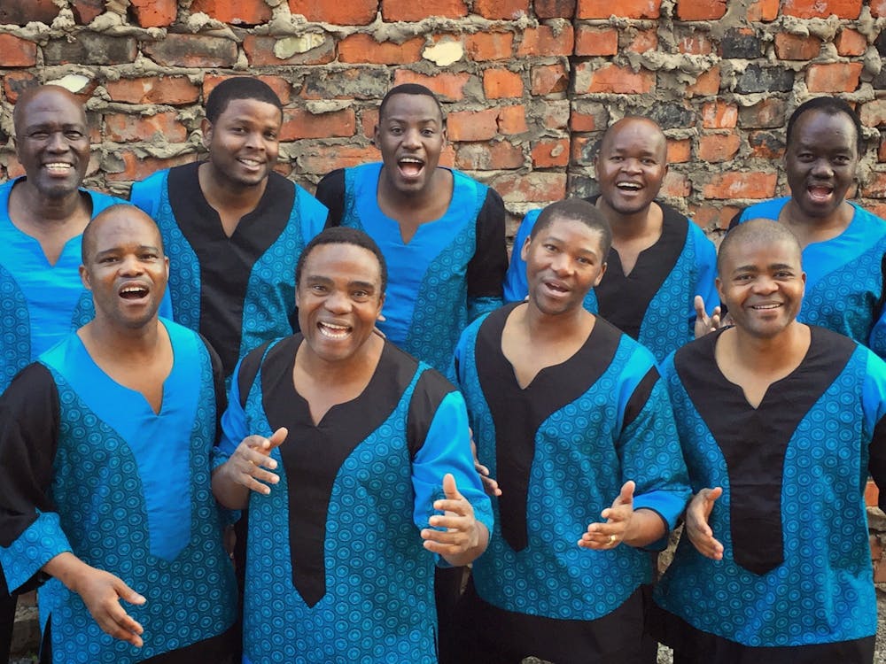 <p>Members of Ladysmith Black Mambazo sing. Ladysmith Black Mambazo, a South African male choral group, will perform at 7 p.m. March 10 at the IU Auditorium. </p>