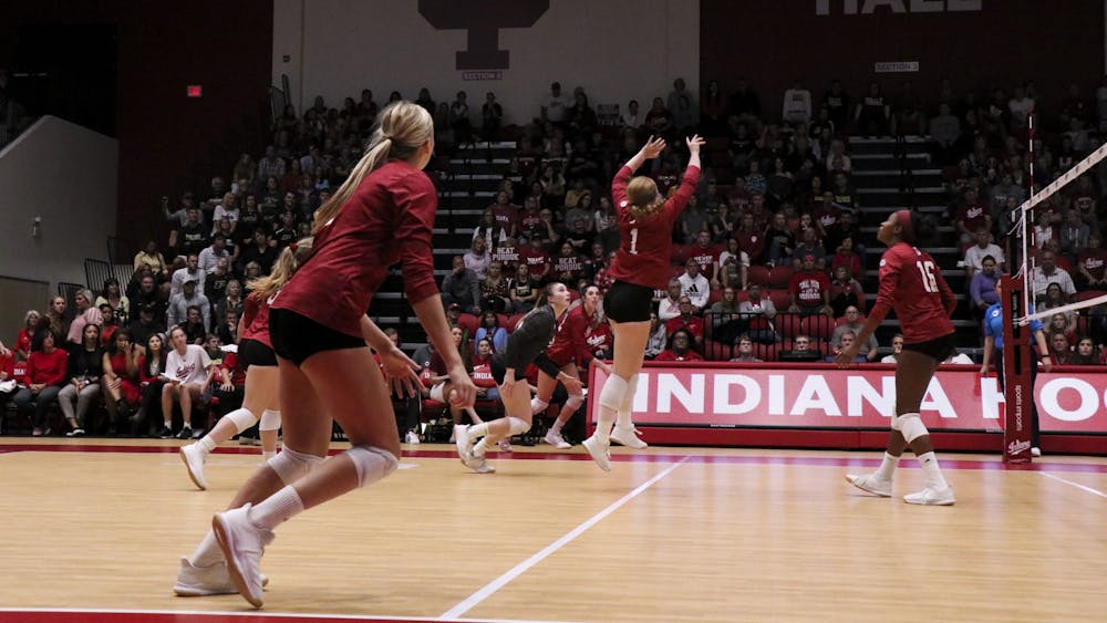 IU senior Victoria Brisack sets the ball against Purdue﻿ on Oct. 9 at Wilkinson Hall. IU played Ohio State this weekend and lost, 3-1. 