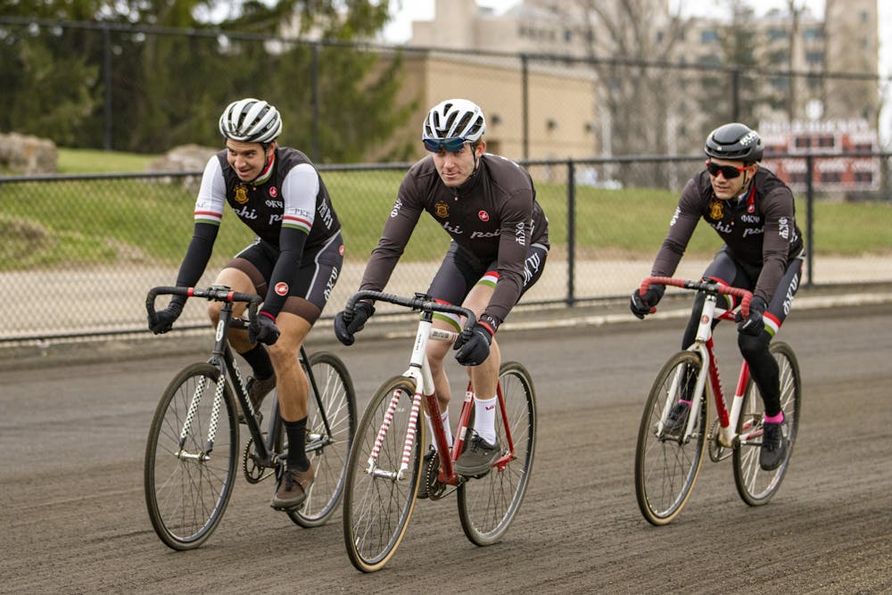 <p>The Phi Kappa Psi cycling team rides as a group during practice on April 1, 2022, at Bill Armstrong Stadium. Phi Psi finished first in the 2022 Qualification Rounds and the Little 500 Team Pursuit finals.</p>