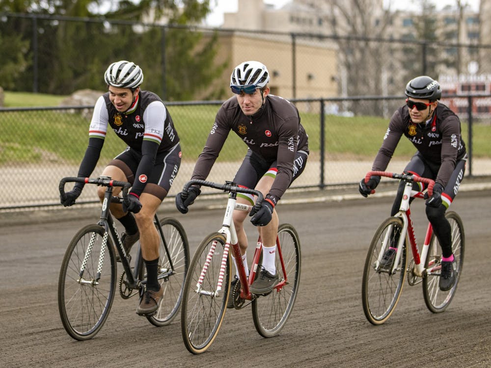 The Phi Kappa Psi cycling team rides as a group during practice on April 1, 2022, at Bill Armstrong Stadium. Phi Psi finished first in the 2022 Qualification Rounds and the Little 500 Team Pursuit finals.