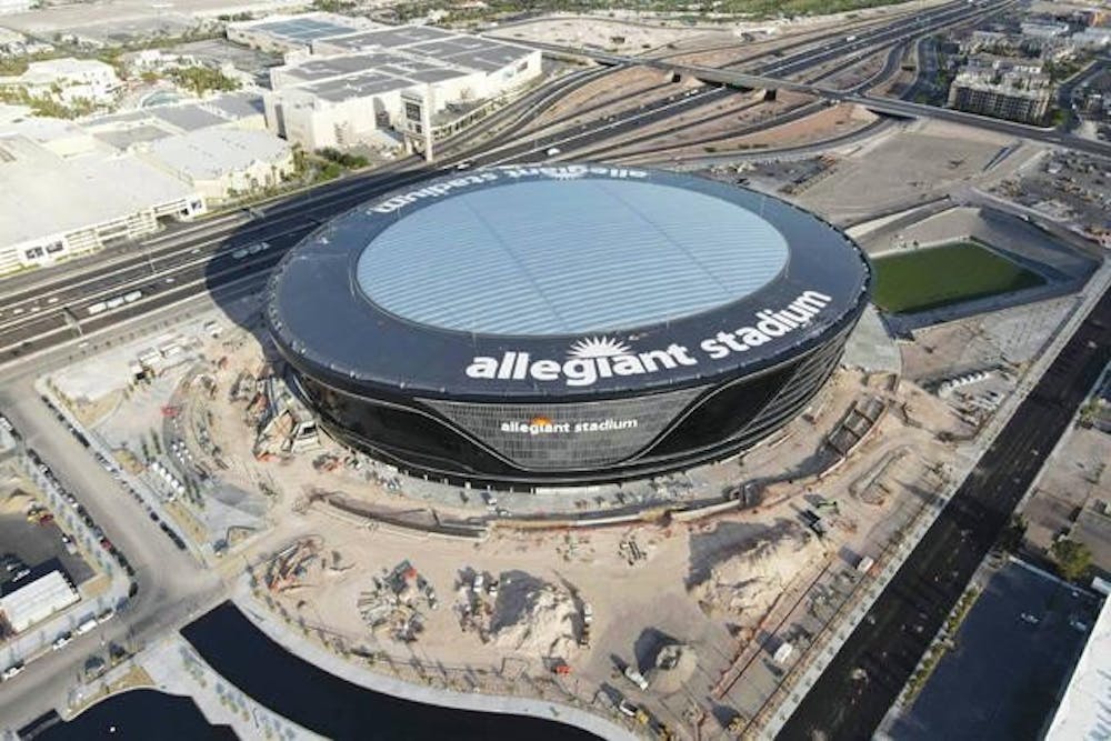 <p>The Allegiant Stadium is pictured from an aerial view during its construction in Las Vegas.</p>