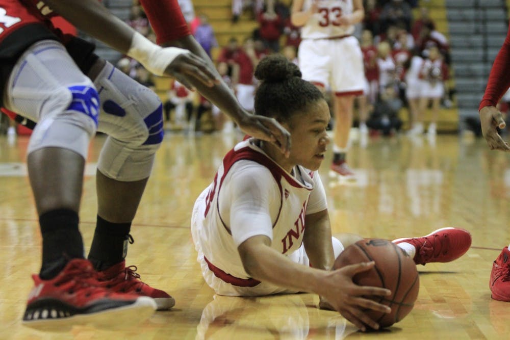 <p>Freshman guard Jaelynn Penn dives for the ball after dropping it Jan. 27 in Simon Skjodt Assembly Hall against Rutgers. Penn scored a career-high 25 points Thursday night against UT-Martin, advancing the Hoosiers to the second round of the WNIT.&nbsp;</p>