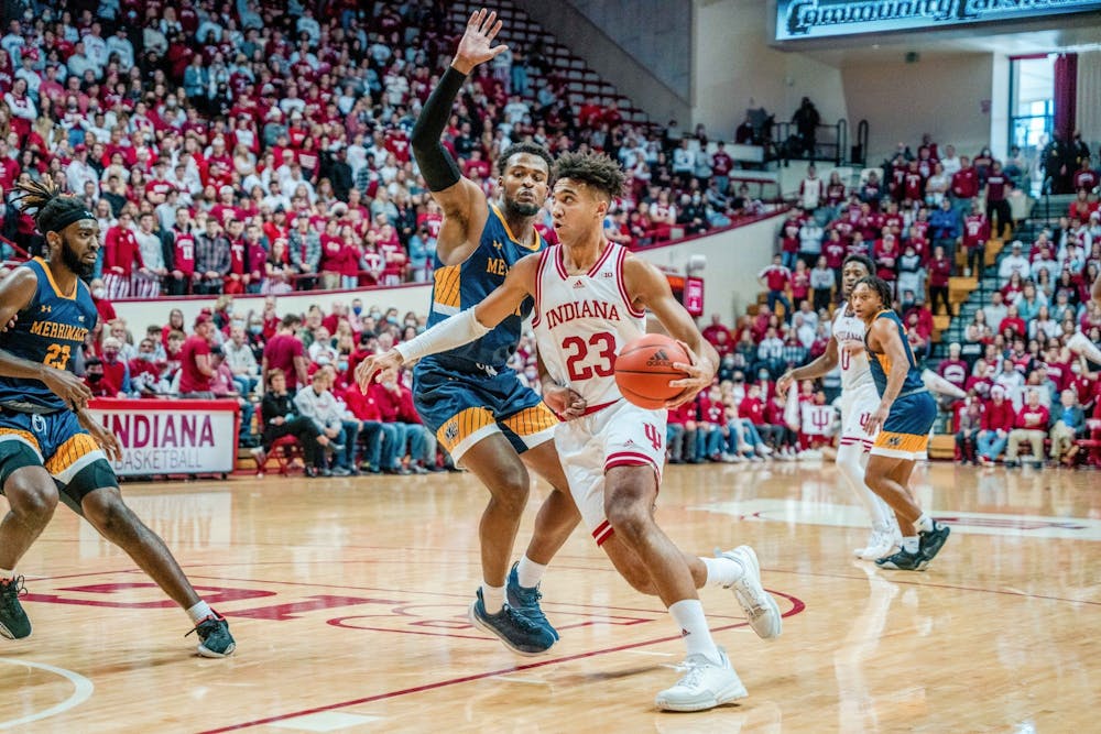 <p>﻿IU junior forward Trayce Jackson-Davis drives to the basket Dec. 12, 2021, at Simon Skjodt Assembly Hall. IU will face Michigan State at 3:30 p.m. Feb. 12 in the Breslin Center. </p>
