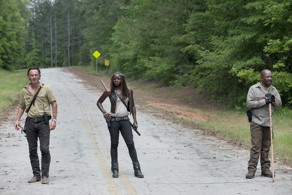 Andrew Lincoln as Rick Grimes, Danai Gurira as Michonne and Lennie James as Morgan Jones in the season six premiere of "The Walking Dead." (Gene Page/AMC/TNS) 