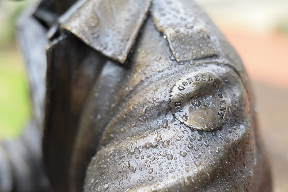 The Ernie Pyle sculpture in front of Franklin Hall has a misspelling on the badge on the left shoulder, where it reads "corespondent" instead of "correspondent."