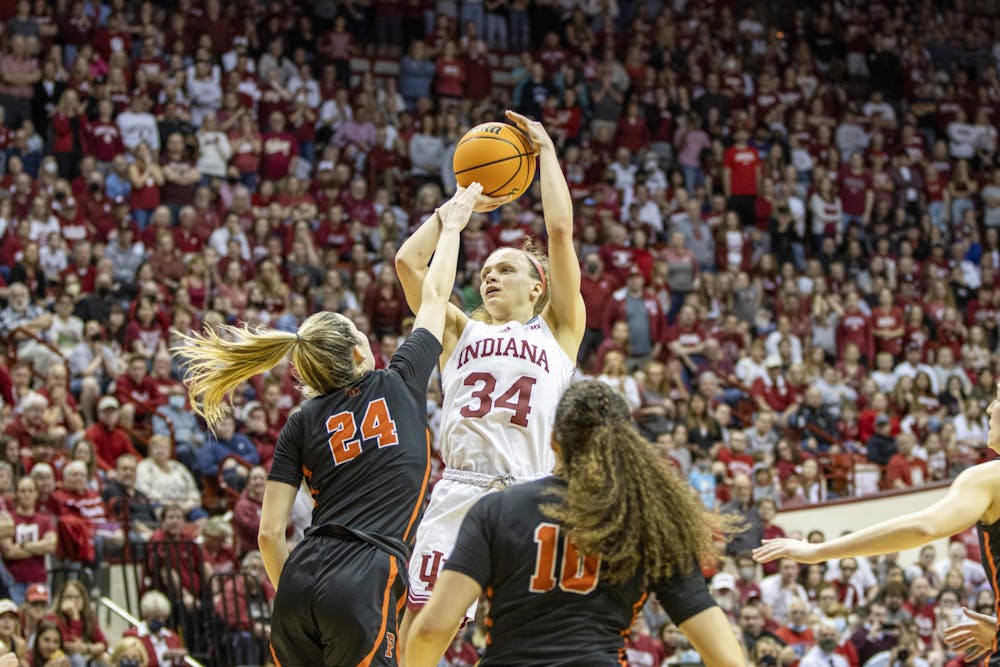 <p>Senior guard Grace Berger attempts a shot during the game against Princeton University on March 21, 2022, at Simon Skjodt Assembly Hall. Indiana won 56-55 in the Second Round of the NCAA Tournament.</p>