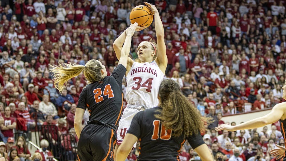 Senior guard Grace Berger attempts a shot during the game against Princeton University on March 21, 2022, at Simon Skjodt Assembly Hall. Indiana won 56-55 in the Second Round of the NCAA Tournament.
