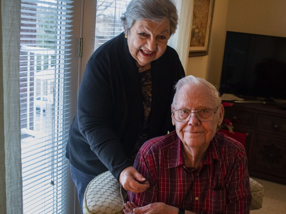 Ken and Pat Shidler, both 89, have been married for 67 years. The two met at IU and were  involved in greek life. Ken gave Pat his fraternity pin as a symbol of pre-engagement, which Pat holds in the photo. 