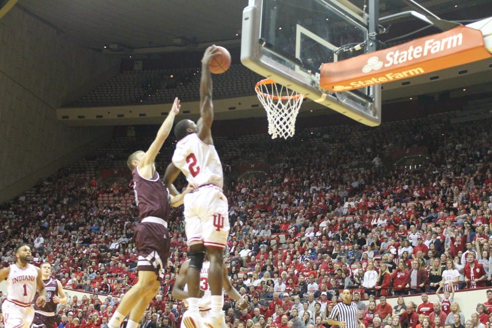 Josh Newkirk dunks the ball. IU defeated Bellarmine 73-49 on Saturday.