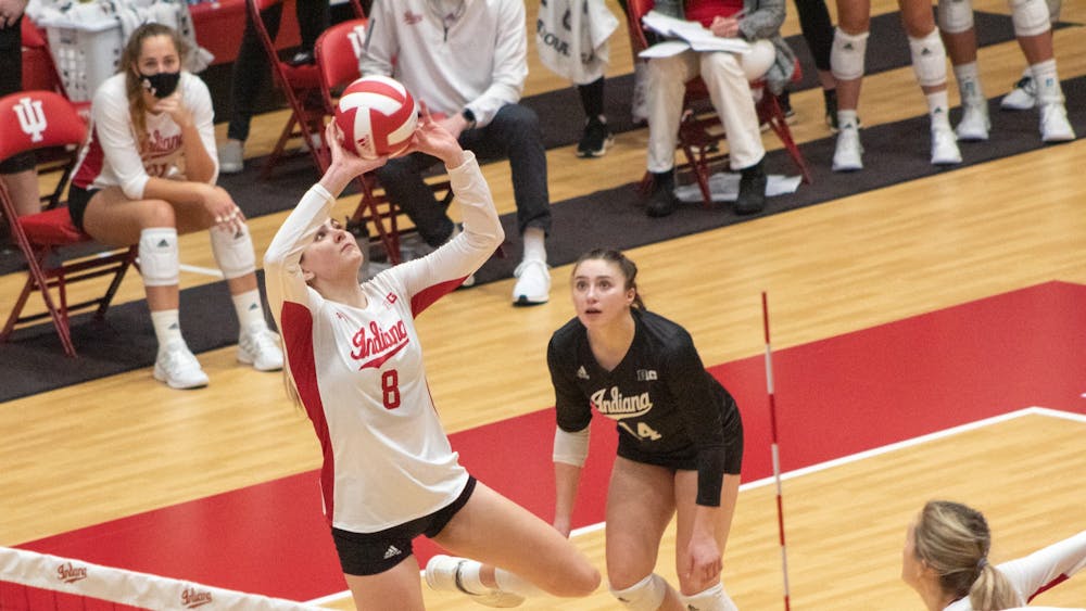 Senior setter Brooke Westbeld sets the ball up for teammates Jan. 23 in Wilkinson Hall. The Hoosiers lost 25-21, 25-16 and 25-17 to Nebraska on Saturday.  