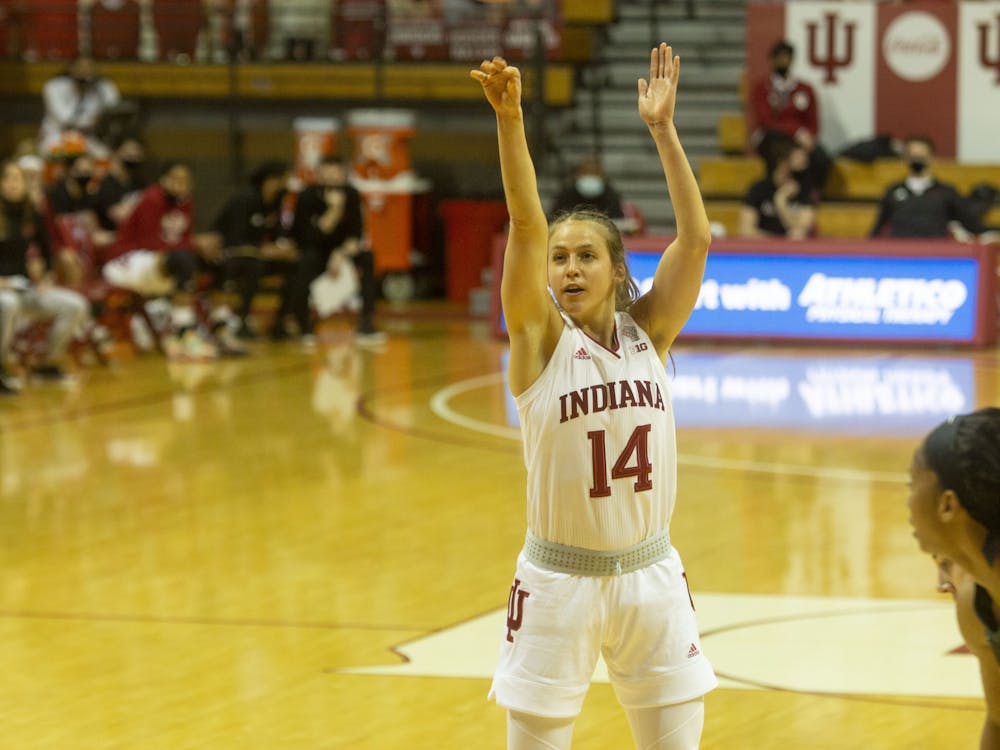 Then-redshirt senior guard Ali Patberg attempts a free throw Jan. 31, 2021, in Simon Skjodt Assembly Hall. Indiana women's basketball opens its 2021-22 season at 7 p.m. Wednesday against Butler University in Indianapolis.