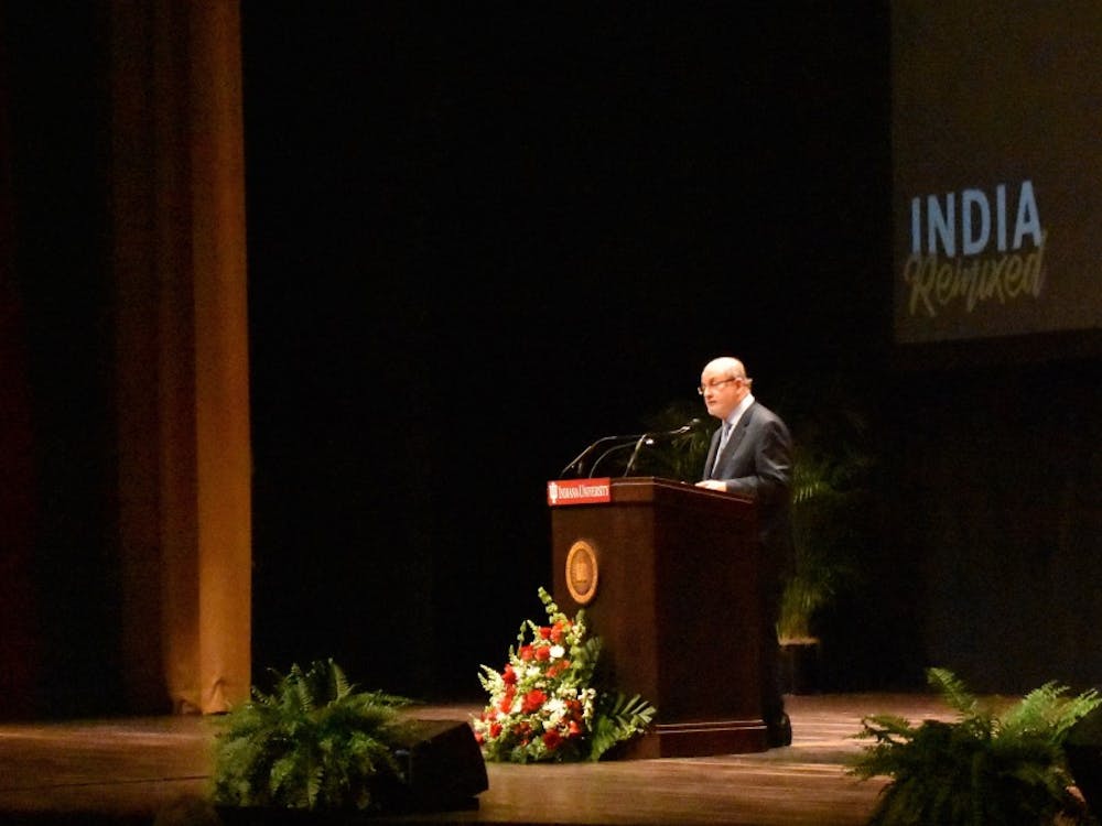 Novelist and essayist Salman Rushdie compares eastern and western fiction in a speech he gave in the IU Auditorium on Thursday. He urged the audience to embrace the fantastical and reject conventional writing wisdom.
