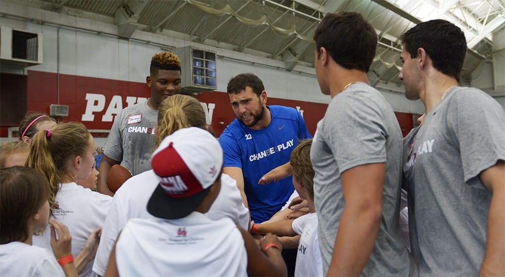 Andrew Luck, Indianapolis Colts quarterback,and IU athletics gives kids prep talk during the Change the Play Kids camp with Andrew Luck on Sunday Afternoon. Change the Play Kids Camp is held by Riley Hospital for Children at IU Health. It aims to encourage children to have a healthier lifestyle.