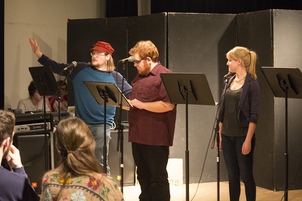 Voice actors perform in front of a live audience during the recording of WIUX Radio Drama Wednesday evening in the Theater and Drama Building. WIUX and University Players partnered up to create the drama that will air on 99.1 after thanksgiving break.
