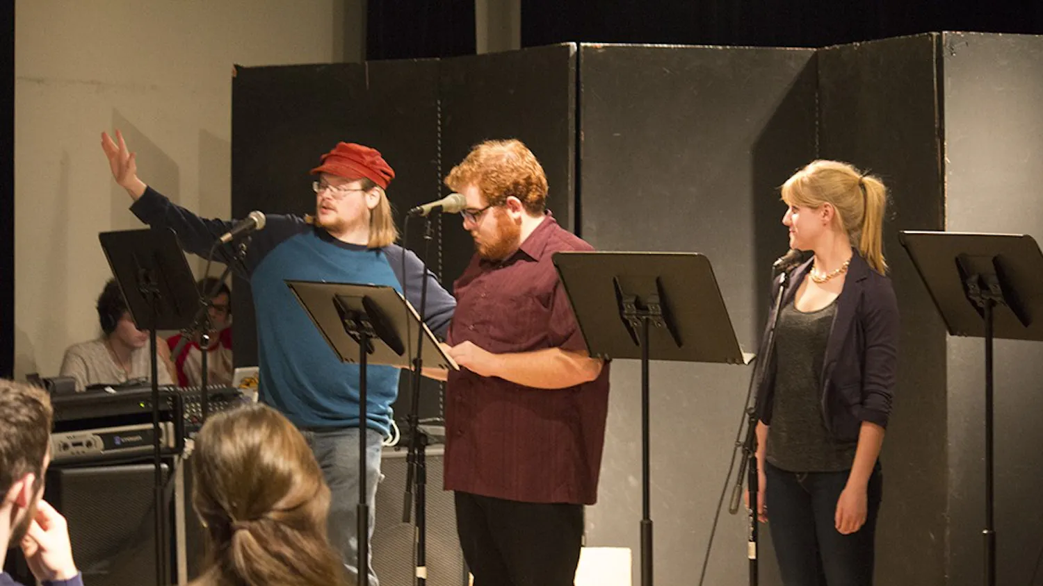 Voice actors perform in front of a live audience during the recording of WIUX Radio Drama Wednesday evening in the Theater and Drama Building. WIUX and University Players partnered up to create the drama that will air on 99.1 after thanksgiving break.
