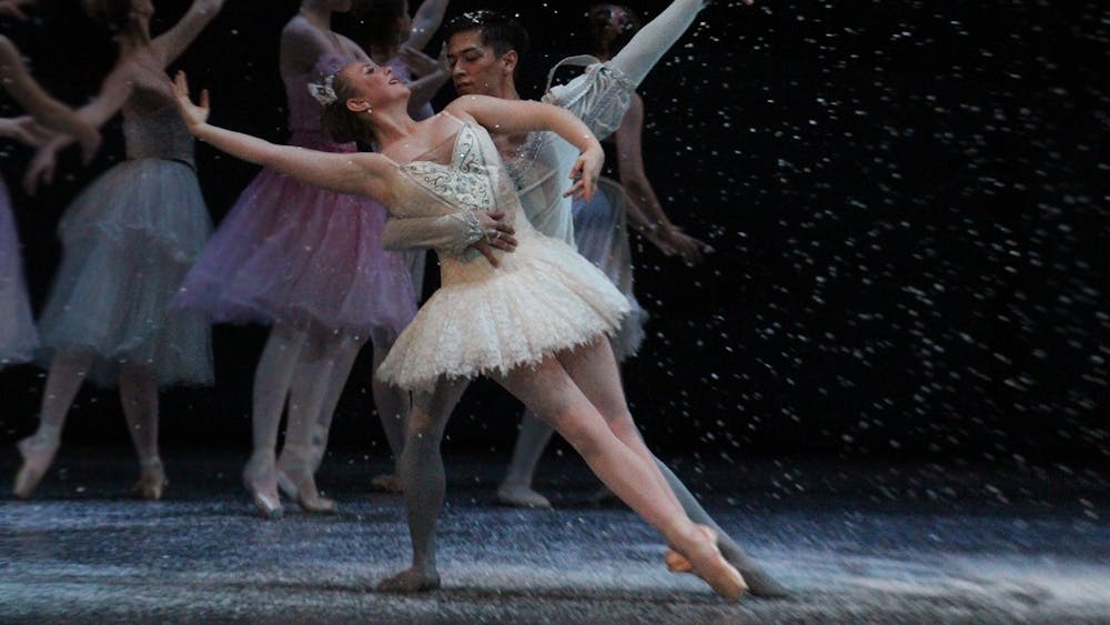 Jacobs School of Music Ballet Theater senior Joaquin Ruiz and junior Maddie Tyler dance as the Snow King and Queen in a dress rehearsal for &quot;The Nutcracker&quot; on Nov. 29, 2022, at the Musical Arts Center. &quot;The Nutcracker&quot; will run from Dec. 2-4 at the Musical Arts Center with different casts.