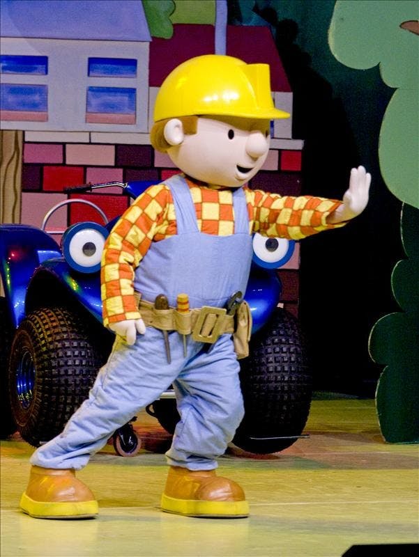 Bob the Builder waves hello to the crowd Wednesday evening during "Bob the Builder LIVE! Spud's Big Mess" at IU Auditorium.