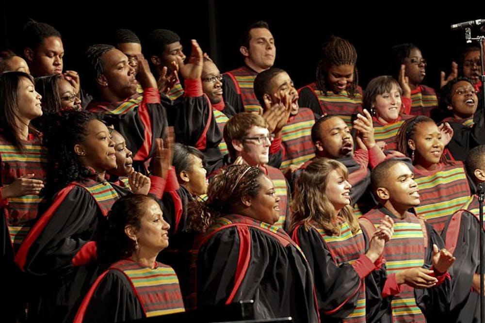 The African American Choral Ensemble sings "Hallelujah Hosanna," a South African/Swaziland praise song, Saturday evening at the John Waldron Arts Center Auditorium. The program included classically-arranged pieces, comtemporary Gospel and jazz-infused arrangements.