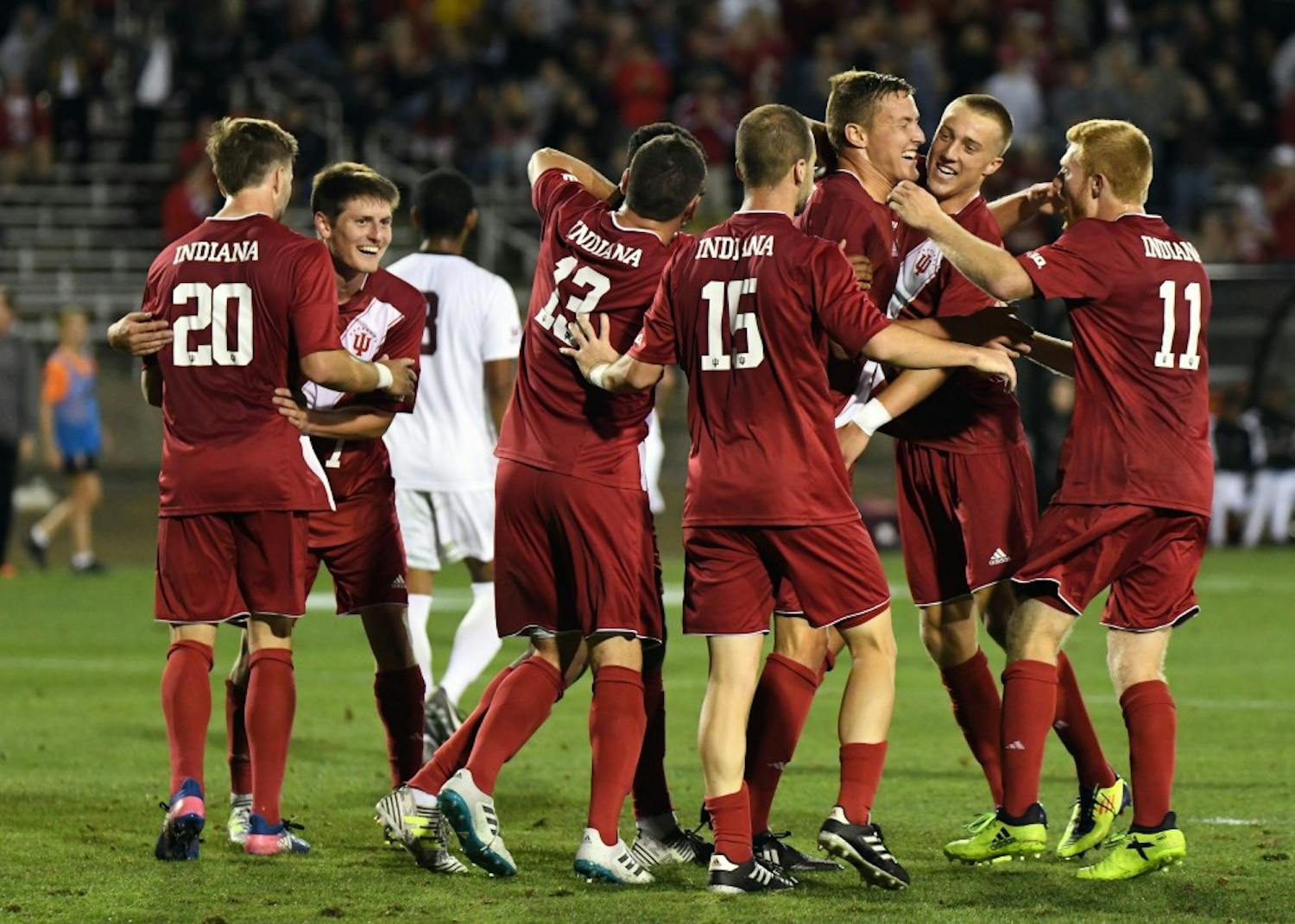 IU celebrates after senior defender Grant Lillard scores the first of IU's five goals against Santa Clara Sept. 30 at Bill Armstrong Stadium. IU will now begin the Big Ten Tournament Monday at 12 p.m. after a weather delay postponed the game from Sunday afternoon.