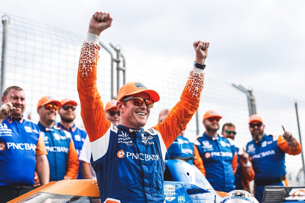 <p>Scott Dixon, the winner of the Honda Indy Toronto race, cheers with his crew July 17, 2022, in Toronto, Ontario, Canada. After winning Sunday&#x27;s race, Dixon is now tied Mario Andretti for the second-most wins of all time with 52 wins, while A.J. Foyt remains in first with 67 wins.</p>
