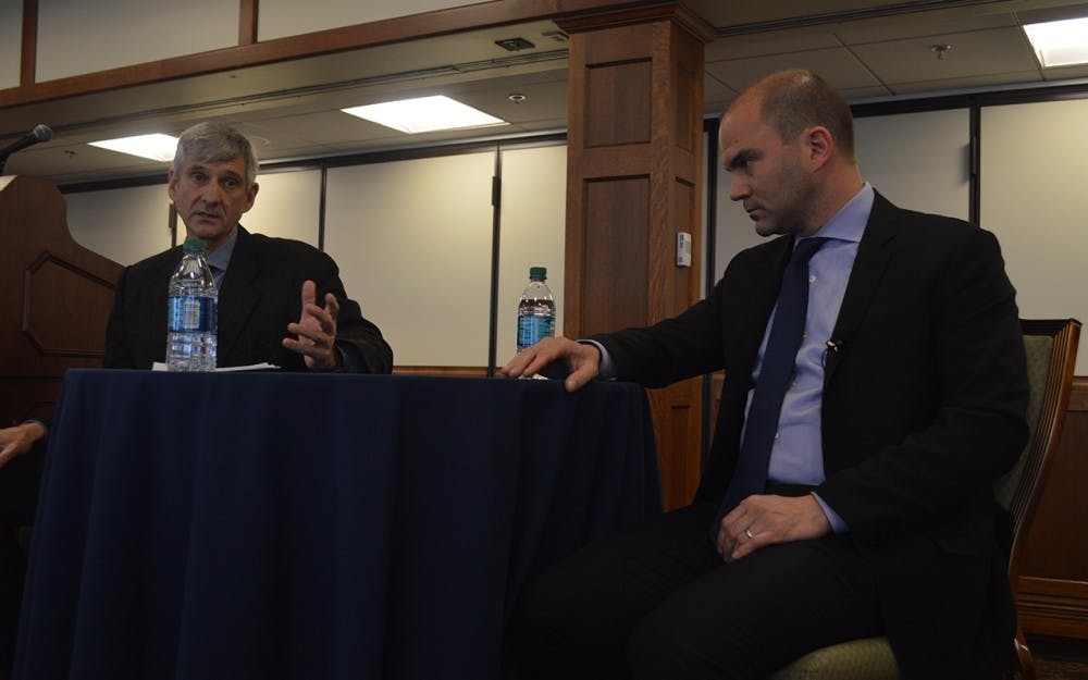 Hutton Honors College Dean Andrea Ciccarelli, left, leads a discussion Monday about the role the United States plays in the world&nbsp;with Ben Rhodes, senior adviser to former President Barack Obama. &nbsp;Rhodes has played a role in shaping the United States' foreign policy the past eight years.&nbsp;The discussion&nbsp;was part of the "Many worlds, one globe," &nbsp;lecture series sponsored by the Hutton Honors College.&nbsp;