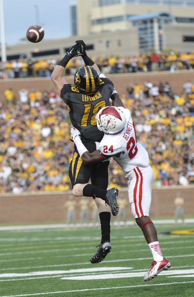 Senior Tim Bennett defends a pass during IU's game against Missouri on Saturday in Columbia, Mo. The Hoosiers defeated the Tigers 31-27.