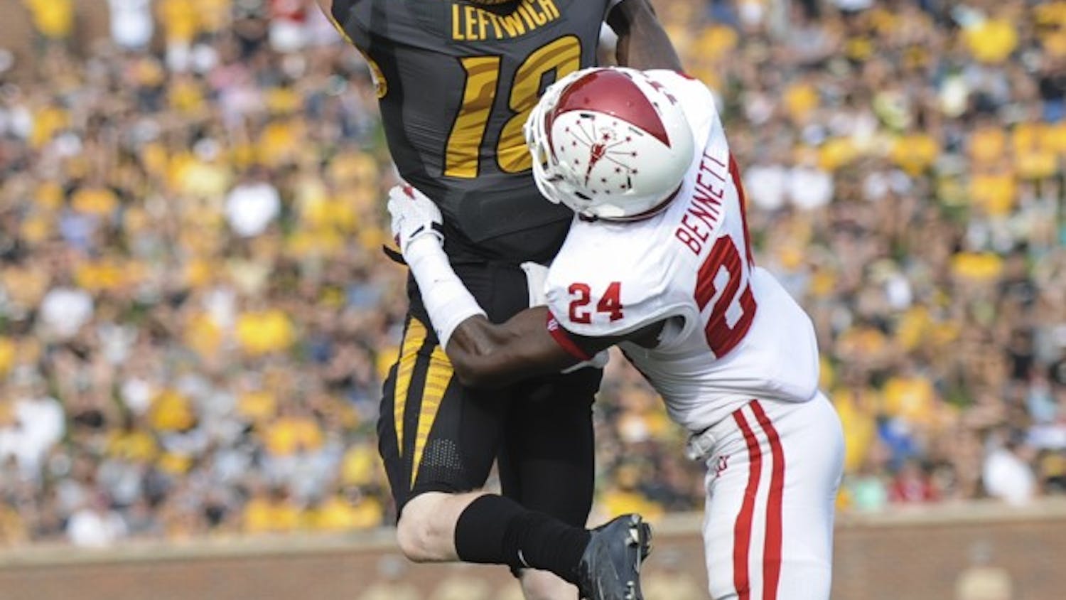 Senior Tim Bennett defends a pass during IU's game against Missouri on Saturday in Columbia, Mo. The Hoosiers defeated the Tigers 31-27.