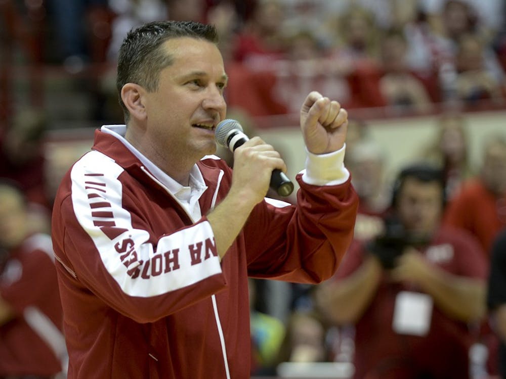 Then women's basketball head coach Curt Miller speaks during Hoosier Hysteria on Oct. 20, 2012, at Assembly Hall.