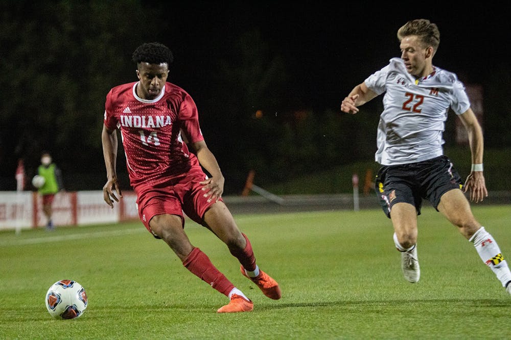 Then-sophomore forward Maouloune Goumballe plays offense April 14, 2021, at Bill Armstrong Stadium. Indiana tied Michigan State 1-1 on Friday.