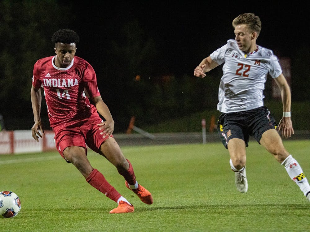 Then-sophomore forward Maouloune Goumballe plays offense April 14, 2021, at Bill Armstrong Stadium. Indiana tied Michigan State 1-1 on Friday.