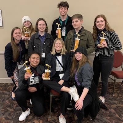 Members of WIUX student radio pose fo a photo at Hotel Pennsylvania in New York. WIUX was named the best college radio station among schools with more than 10,000 students March 7 at the Intercollegiate Broadcasting System Awards.