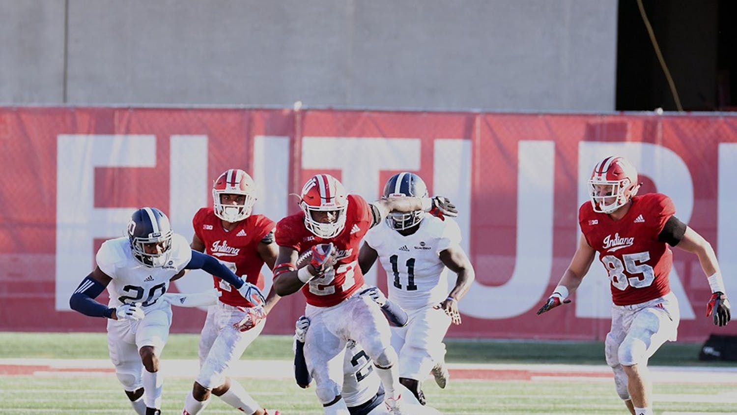 Then-freshman running back Morgan Ellison runs the ball against Georgia Southern on September 23, 2017, at Memorial Stadium. On Friday, Ellison was suspended indefinitely by the team.&nbsp;