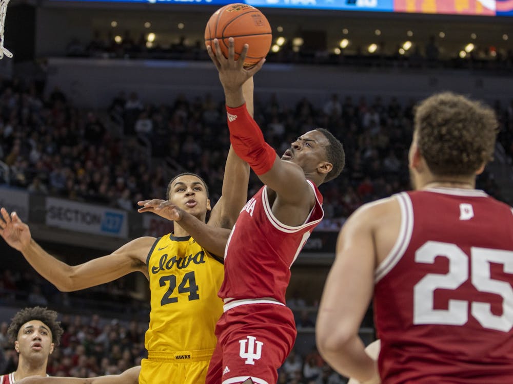 Senior guard Xavier Johnson goes for a layup against Iowa on March 12, 2022, at Gainbridge Fieldhouse. Indiana fell to Iowa in the Big Ten Tournament semifinals 80-77.