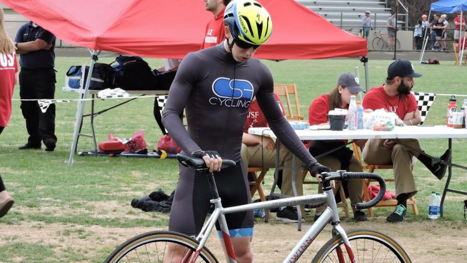 Senior Christian Student Fellowship rider Evan Lee prepares for 2017 Little 500 qualifications at Bill Armstrong Stadium in March.&nbsp;