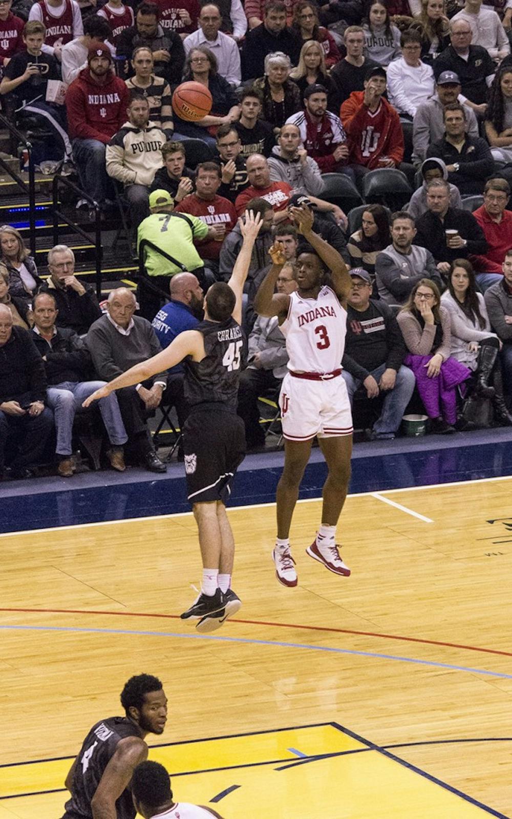 Indiana's Og Anunoby takes a three-point try during Saturday afternoon's Cross Roads Classic loss to Butler at Bankers Life Fieldhouse.
