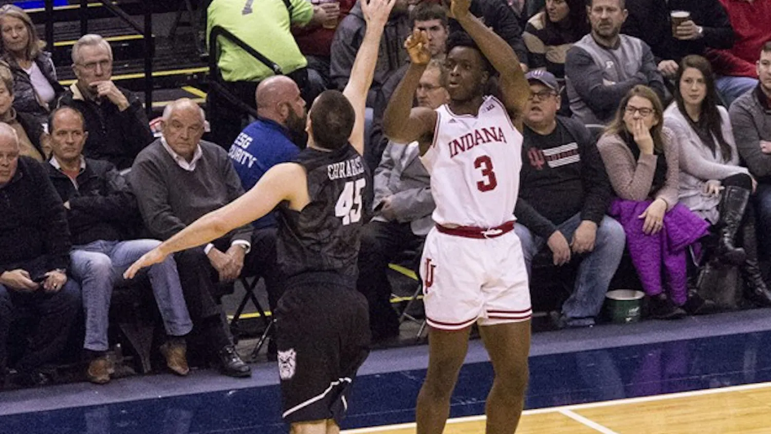 Indiana's Og Anunoby takes a three-point try during Saturday afternoon's Cross Roads Classic loss to Butler at Bankers Life Fieldhouse.