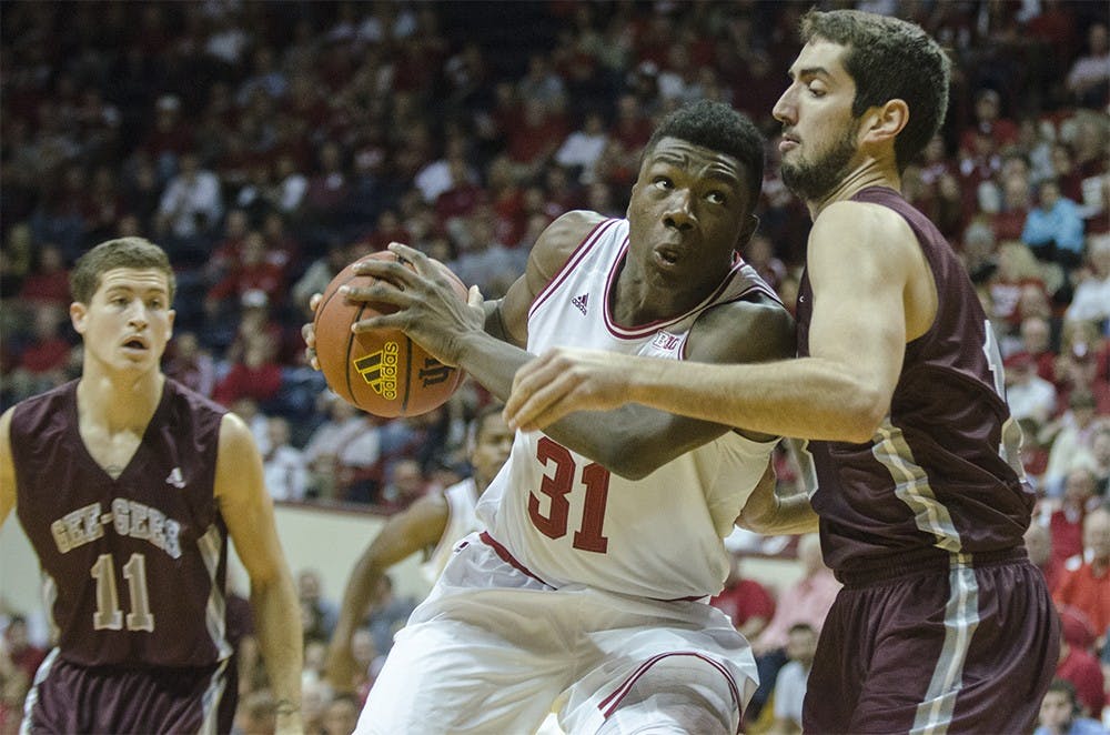 Freshman center Thomas Bryant leans into an Ottawa defender before attempting a layup on Tuesday at Assembly Hall. IU won 82-54.