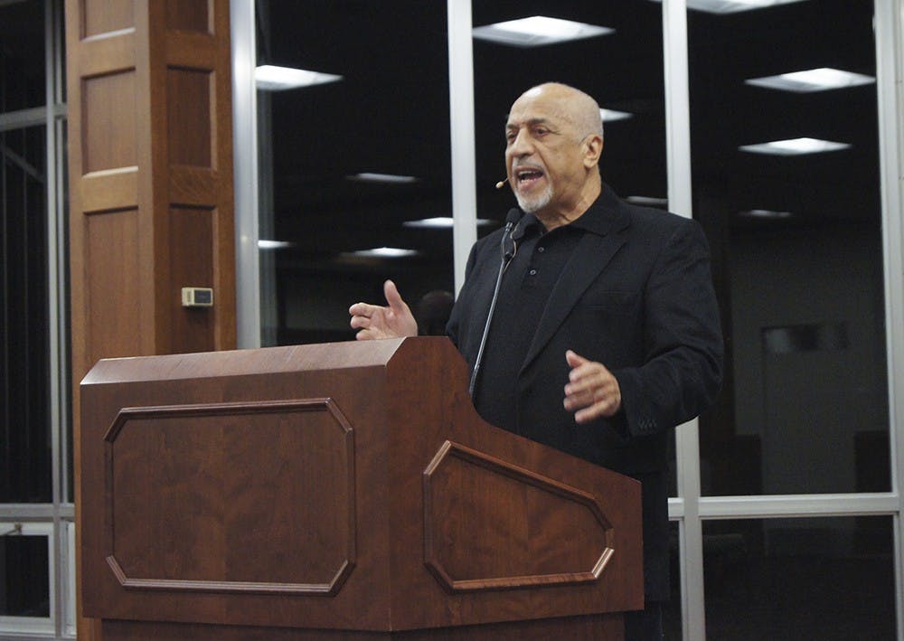 Claud Anderson talks about the relation between race and economics throughout world history Tuesday in the Indiana Memorial Union.