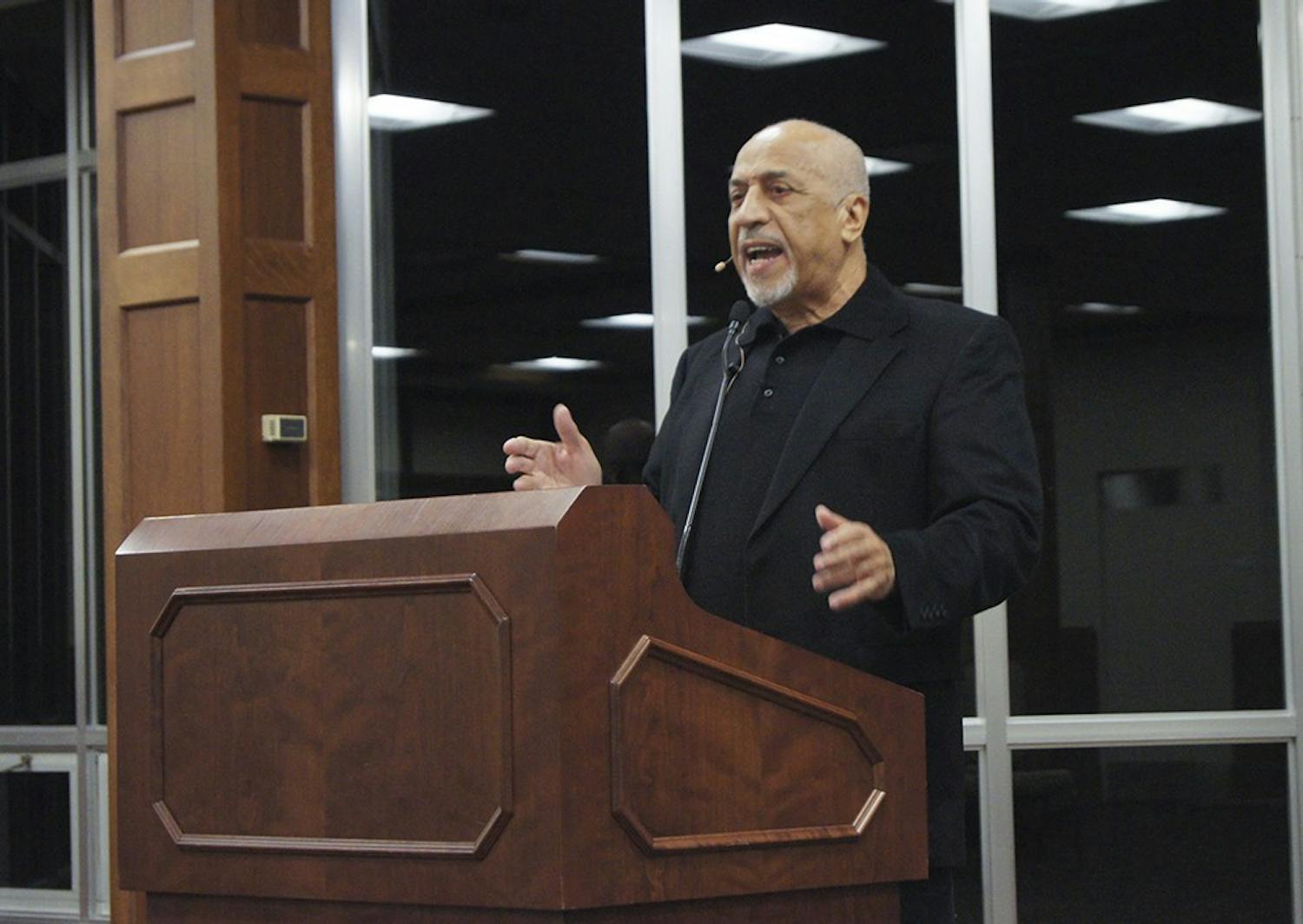 Claud Anderson talks about the relation between race and economics throughout world history Tuesday in the Indiana Memorial Union.