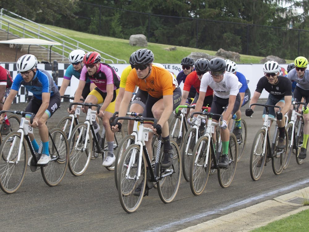 Riders race on the track during the men&#x27;s Little 500 on Wednesday at Bill Armstrong Stadium.