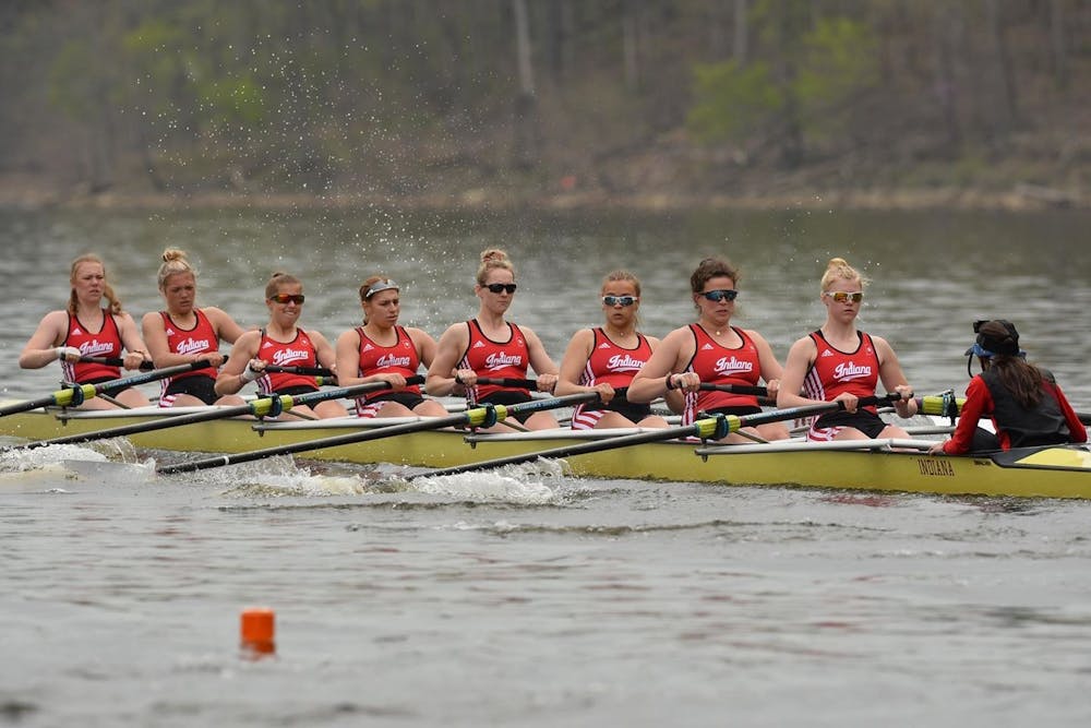 <p> The Indiana rowing team competes during the Big Ten Invitational on April 17, 2021, at Harsha Lake in Bethel, Ohio.Indiana took all 72 possible points in the Dale England Cup to win the competition this weekend at Lake Lemon. </p>