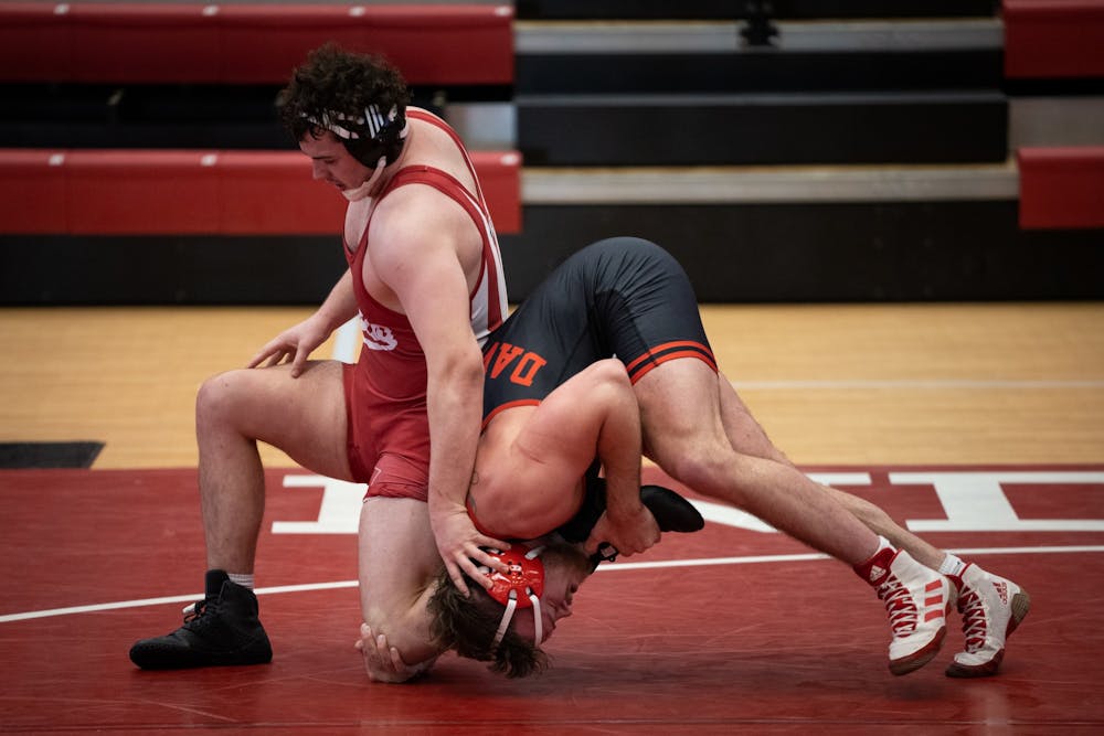 <p>Junior Rudy Streck defends against Nebraska junior Cale Davidson at Wilkinson Hall on Feb. 6. The IU wrestling team&#x27;s next match is against Maryland on Sunday.</p>