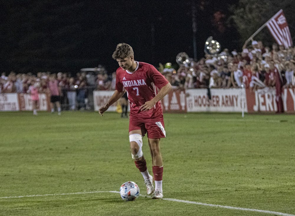 <p>Junior forward Victor Bezerra dribbles the ball against Xavier University on Sept. 6, 2021, at Bill Armstrong Stadium. Indiana will face the University of Evansville on Wednesday in Bloomington.</p>